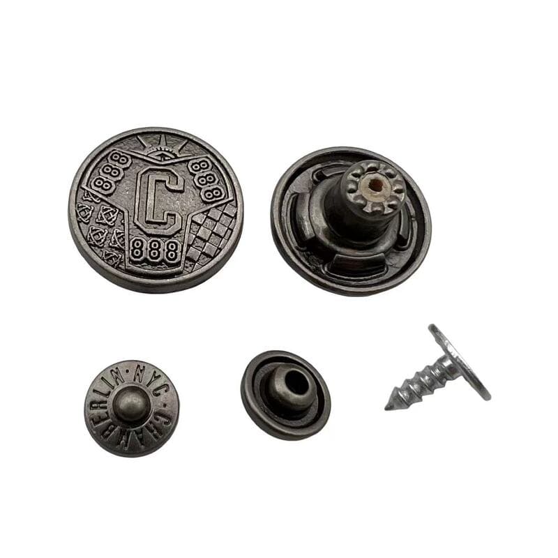 Custom Decorative Embossed Logo Vintage Metal Jeans Buttons and Rivets for Denim Jeans, Decorative Embossed Branding Tack Shank Buttons