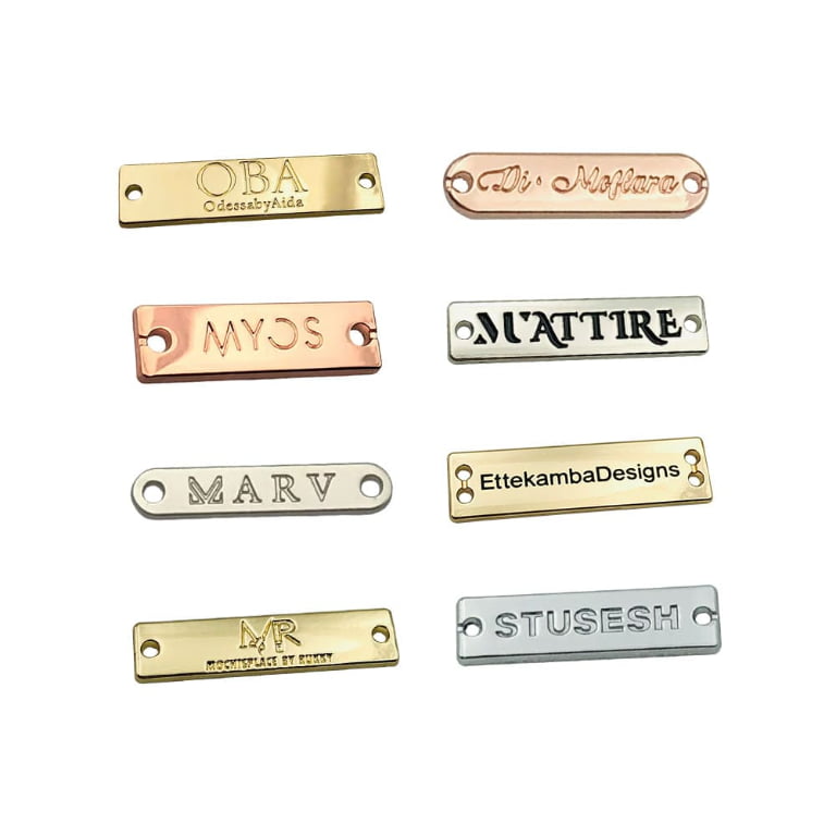 Custom Logo Sew-on Metal Labels, Zinc Alloy Branding Tag with 2 Holes for Clothing and Hats