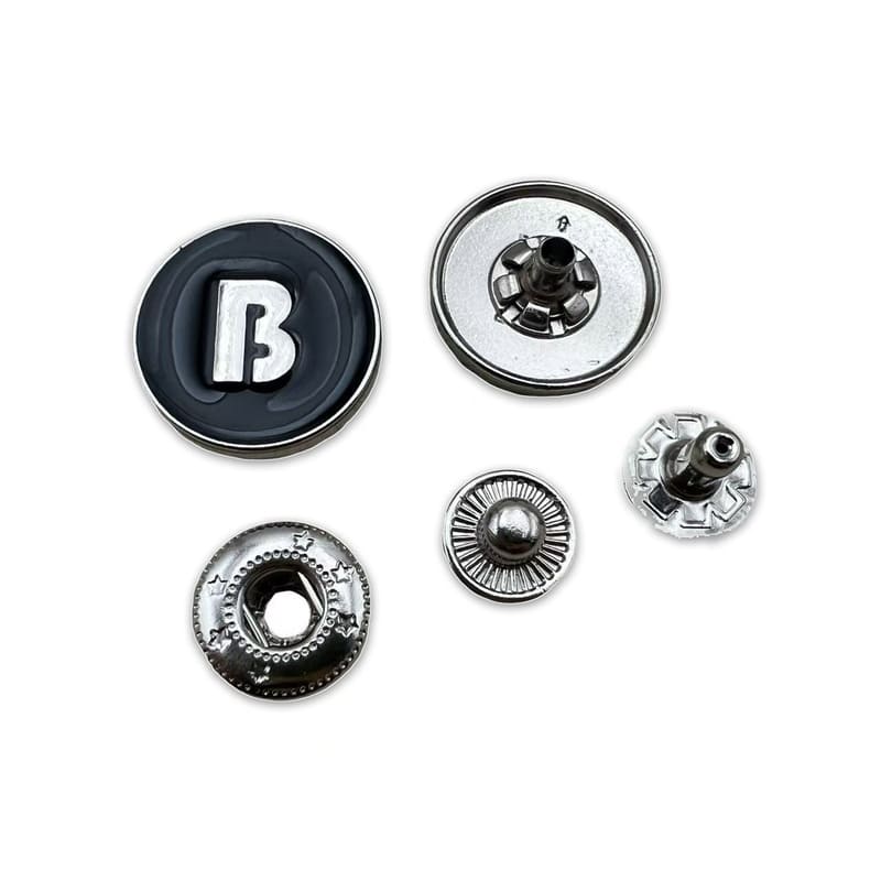 High Quality Custom Logo Metal Snap Buttons, Zinc Alloy Enameled Black Color Press Studs & Snap Fasteners, Four Parts Spring Snap Buttons from Manufacturer
