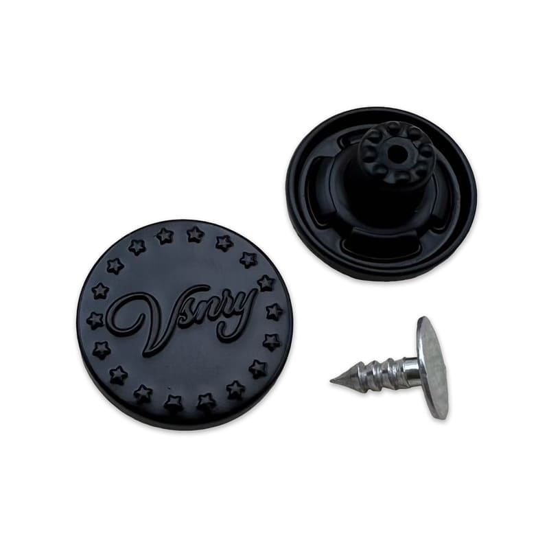 Anti-Rust Brass Zinc Alloy Matt Black Embossed Branding Metal Jeans Buttons , Durable Fixed Denim Buttons, High-Quality Nickel-Free Hardware for Denim Jackets