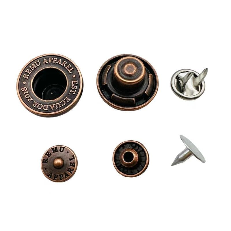 Custom Embossed Branding Antique Copper Metal Jeans and Rivets for Denim Apparel, Vintage Hollow Metal Tack Buttons for Jeans