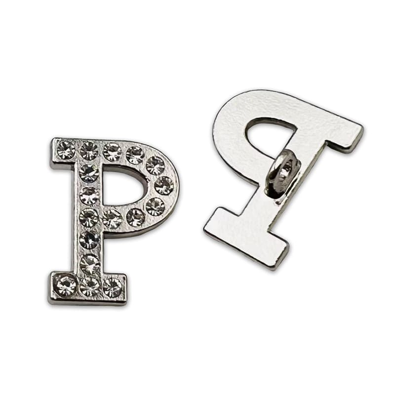 Custom Garment Metal Letter P Logo Plates with Rhinestones, Zinc Alloy Sew-on Branding Labels for Clothing