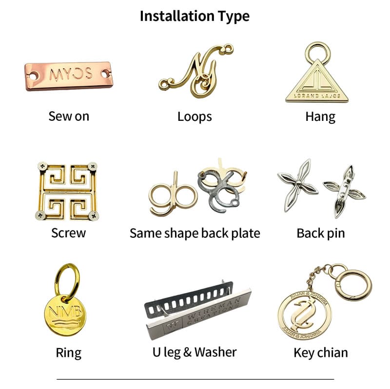 Different attachment methods for metal clothing labels