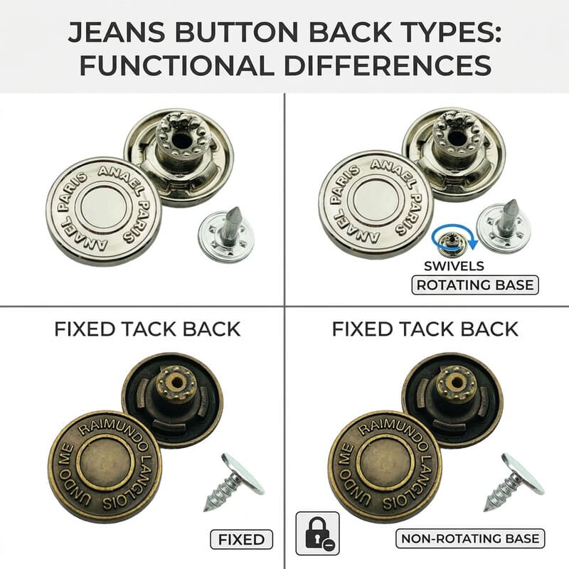 Swivel vs Fixed Jean Buttons Close-up of a swivel tack jean button and a fixed tack jean button