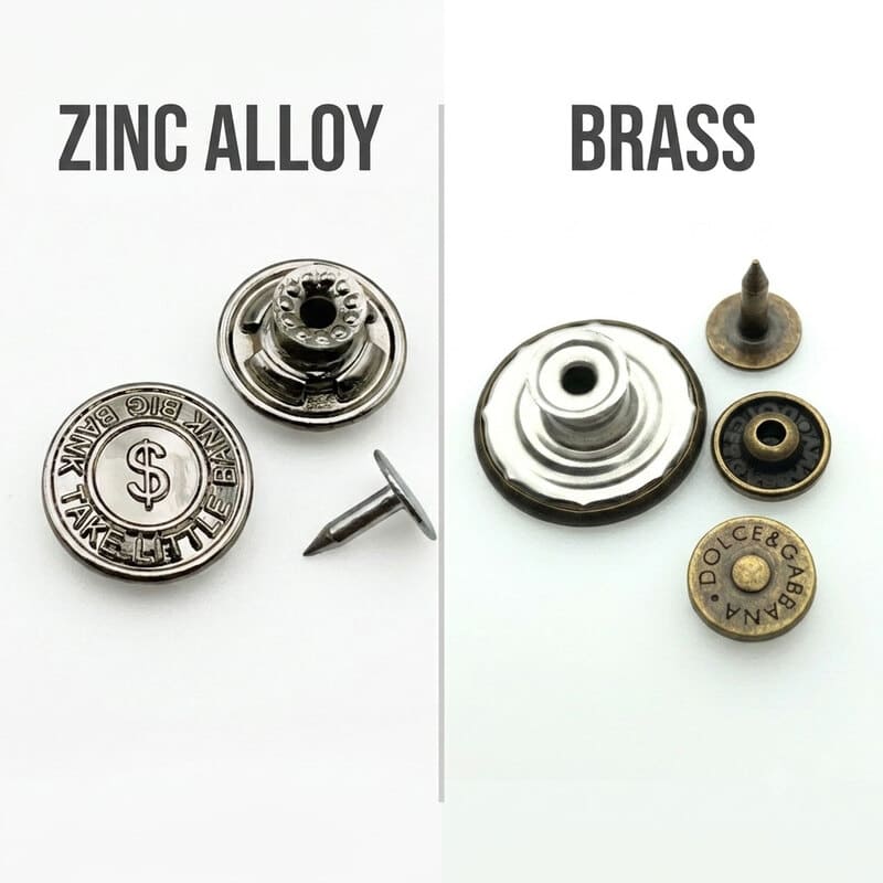 Zinc Alloy vs Brass Jean Buttons Comparison of a zinc alloy jean button and a brass jean button